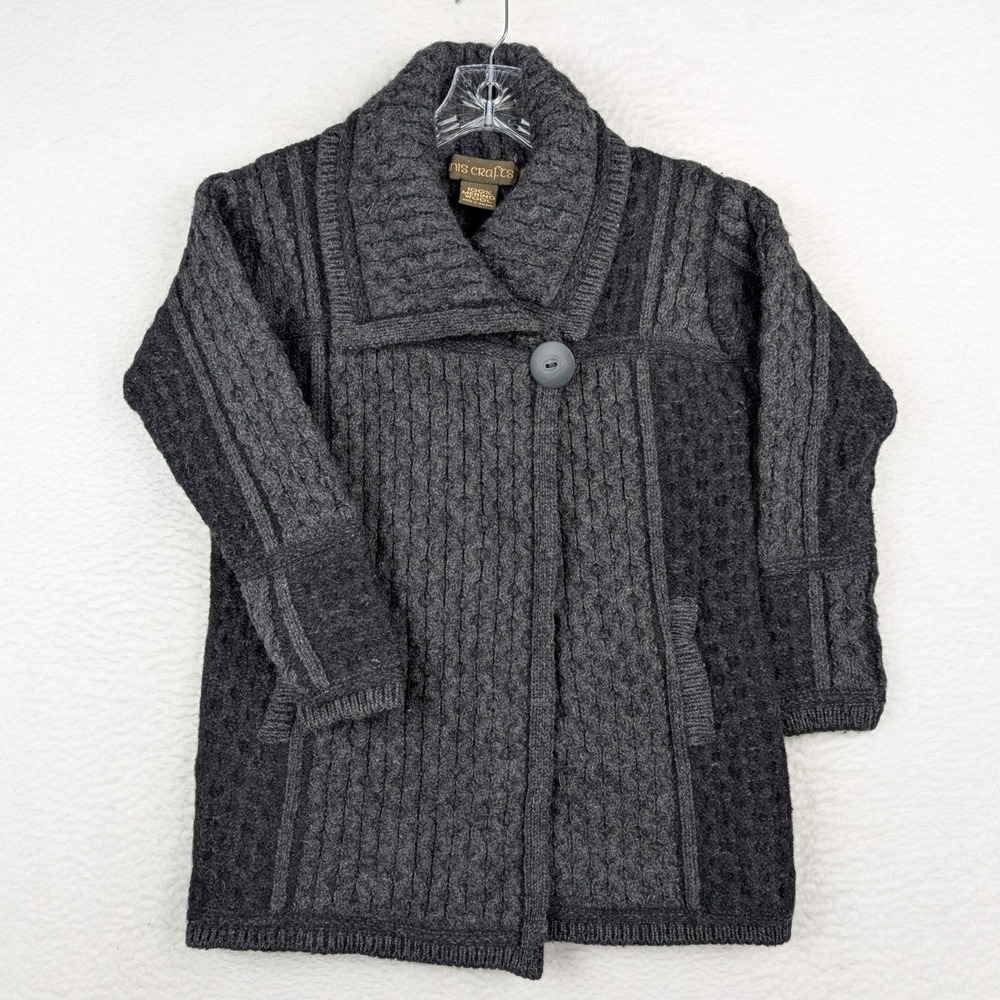 Inis Crafts Sweater Womans Medium Cardigan Cable Knit Merino Gray Black Ireland